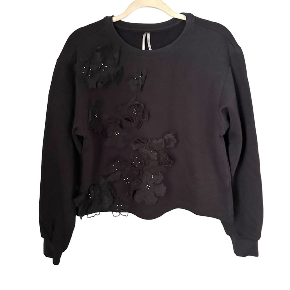 By Anthropologie Women’s Sz S Black 3-D Flower Applique Pullover Sweater Cotton